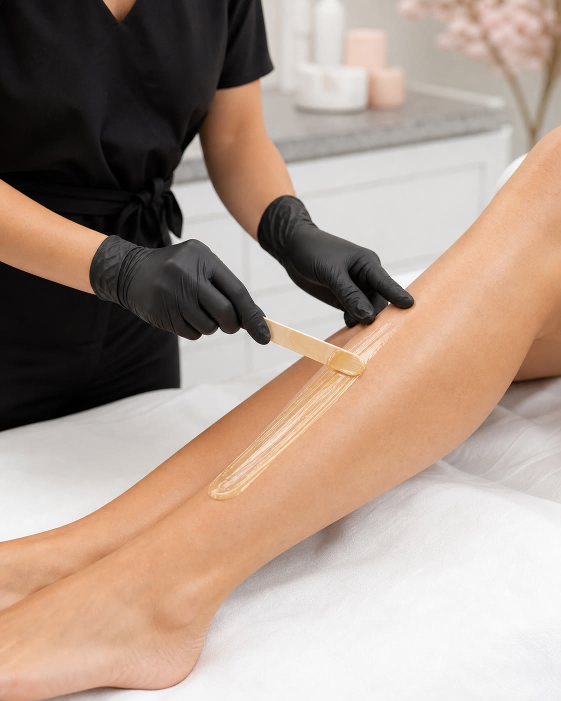 Professional strip wax applied to an adult client’s lower leg
