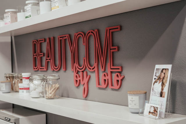 Beauty Cove by Lolo sign and professional products in the Brentwood studio